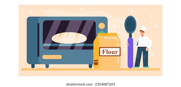 Joven trabajador profesional uniformado sosteniendo una cuchara grande, parado cerca de un gran paquete con harina y revisando el proceso de hornear pan. Ilustración vectorial en estilo de dibujos animados en colores azul y amarillo