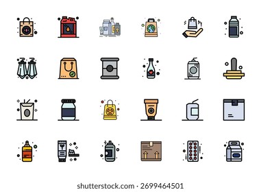 Professional-grade collection of 24 Flat Line Filled vector icons representing Packaging, crafted with 64x64 Detail Enhanced precision for enterprise applications.