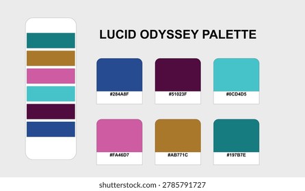 A professional-grade color swatch set named Lucid Odyssey, presenting a harmonic combination chart with precise hex codes and geometric rectangular blocks ideal for brand identity kits and UI UX designer templates.