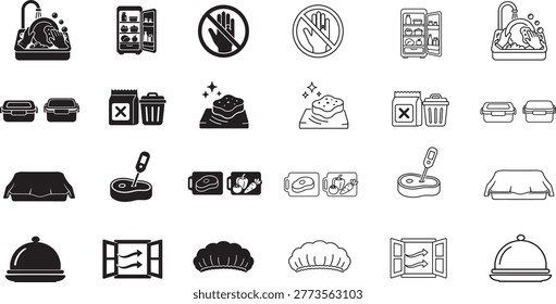 A professional-grade icon library focusing on global food safety standards and industrial kitchen hygiene protocols. This set contains meticulously designed symbols representing critical control points such as proper food refrigeration, internal temperature monitoring with thermometers, and systematic waste disposal in bins marked with warning signs. It also highlights personal hygiene requirements like hand washing, wearing hairnets, and using clean uniforms in a catering environment. The collection features both solid black glyphs and clean linear outlines, providing flexibility for signage, training manuals, restaurant posters, and health inspection checklists. Visuals for surface cleaning, ventilation via windows, and food protection covers like cloches are included to cover all aspects of a sanitary cooking environment. Perfect for educational materials regarding cross-contamination prevention and professional food handling guidelines in the hospitality industry.
