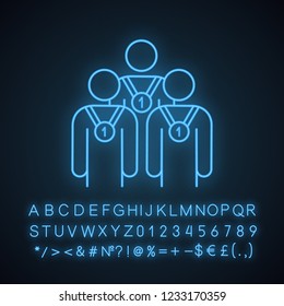 Professionalism neon light icon. Champions, winners. Achievement. First place medal, reward. Specialists. Glowing sign with alphabet, numbers and symbols. Vector isolated illustration