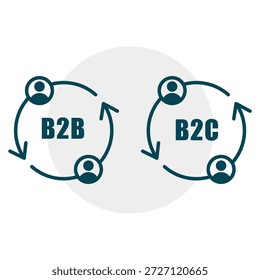 Ciclo de negócios profissional Vetor. Setas B2B B2C globais. Ícone de parceria comercial. Modelos de relacionamento corporativo. EPS 10.