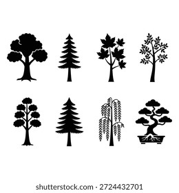 Un conjunto de 8 siluetas de árboles curadas profesionalmente con una amplia gama de estructuras botánicas. Esta colección incluye representaciones detalladas de un árbol caducifolio de dosel ancho, un abeto o pino agujereado, un arce de lóbulos múltiples, un retoño frondoso delgado y un árbol de coníferas geométrico. Las adiciones únicas incluyen un sauce llorón con ramas en cascada y un bonsái en maceta altamente estilizado y pesado en raíces.