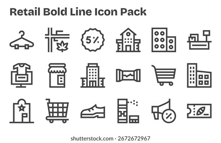 Diseñado profesionalmente 18 iconos en estilo Bold Line, capturando la esencia de Retail para el diseño de interfaz de usuario.