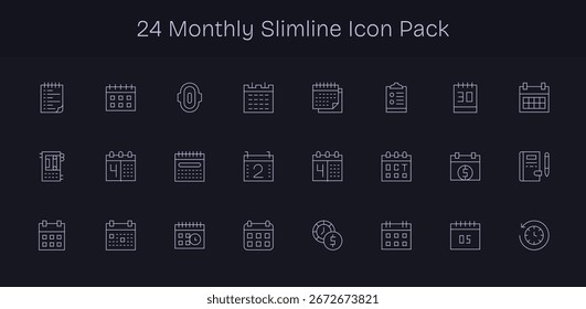 Diseñado profesionalmente 24 iconos en estilo Slim Line, capturando la esencia de Monthly para el diseño de interfaz de usuario.