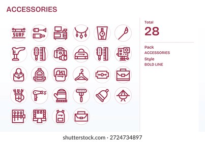 Diseñado profesionalmente 28 iconos en Bold Line, capturando la esencia de los accesorios para el diseño de interfaz de usuario.