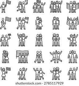 A professionally designed collection of 20 flat black vector silhouettes celebrating Pride Month and LGBTQ community moments. Each icon is bold, inclusive, and fully scalable  ideal for Pride campaigns, diversity branding, social media content, event posters, and corporate inclusion initiatives. The clean black-on-white minimalist format gives buyers maximum versatility for use across any color scheme or Pride palette.
