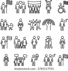 A professionally designed collection of 20 flat black vector silhouettes celebrating Pride Month and LGBTQ community moments. Each icon is bold, inclusive, and fully scalable  ideal for Pride campaigns, diversity branding, social media content, event posters, and corporate inclusion initiatives. The clean black-on-white minimalist format gives buyers maximum versatility for use across any color scheme or Pride palette.