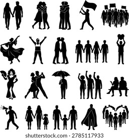 A professionally designed collection of 20 flat black vector silhouettes celebrating Pride Month and LGBTQ community moments. Each icon is bold, inclusive, and fully scalable  ideal for Pride campaigns, diversity branding, social media content, event posters, and corporate inclusion initiatives. The clean black-on-white minimalist format gives buyers maximum versatility for use across any color scheme or Pride palette.