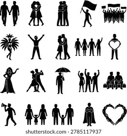 A professionally designed collection of 20 flat black vector silhouettes celebrating Pride Month and LGBTQ community moments. Each icon is bold, inclusive, and fully scalable  ideal for Pride campaigns, diversity branding, social media content, event posters, and corporate inclusion initiatives. The clean black-on-white minimalist format gives buyers maximum versatility for use across any color scheme or Pride palette.