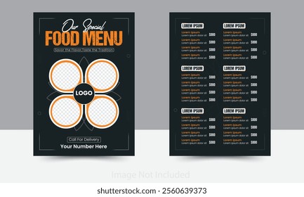 A professionally designed front and back food menu card template that combines modern aesthetics with functionality.