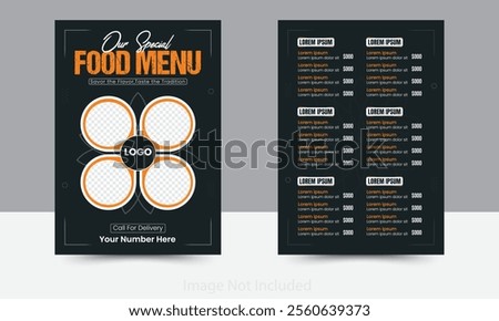 A professionally designed front and back food menu card template that combines modern aesthetics with functionality.