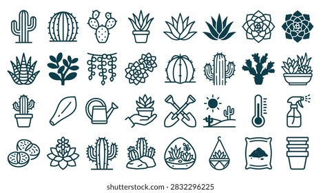 A professionally designed icon set featuring a wide variety of cactus and succulent species, including saguaro, prickly pear, aloe vera, and lithops. The collection also includes gardening-related symbols such as a watering can, hand trowels, spray bottles, potting soil, and terrariums, presented in a clean, minimalist style suitable for web and print graphics.