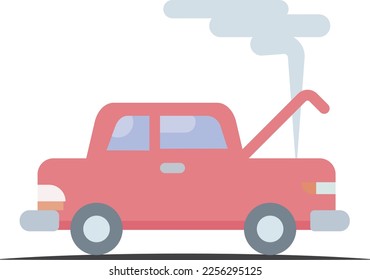 Professionally designed illustration of a broken down car on the road with smoke coming out on a white background