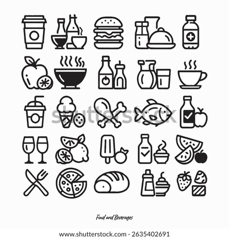 A professionally designed set of 25 outline icons representing food and beverages. Minimal, clean, and vector-based — perfect for mobile apps, web interfaces, menu design, infographics, and packaging.
