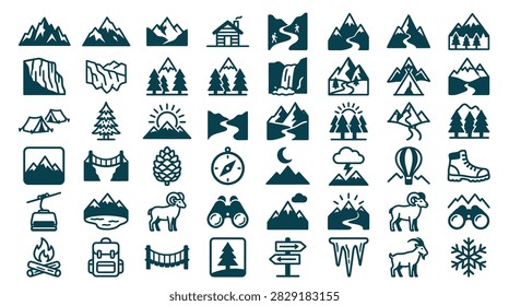 A professionally designed set of 48 minimalist icons focused on mountain adventures and outdoor activities. This collection includes various mountain landscapes, hiking paths, camping tents, pine trees, and essential gear such as backpacks, boots, and binoculars. It also features mountain wildlife like bighorn sheep, weather symbols, and landmarks like suspension bridges and cable cars, all presented in a clean, solid silhouette style.