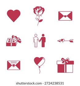 Un conjunto diseñado profesionalmente de nueve iconos vectoriales románticos centrados en el amor, las citas y las celebraciones navideñas.