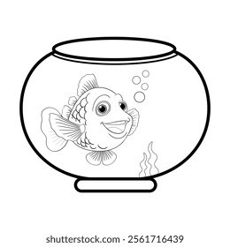 Professionally drawn fish in a tank illustration for coloring on a silhouette image