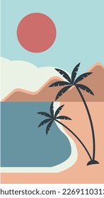 Professionally drawn illustration of the beach and mountains with the sun shining between the clouds and coconut trees