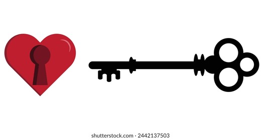 Professionally drawn illustration of an old key with red heart on a white background