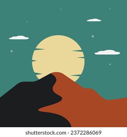 Professionally drawn illustration of sand dunes in the desert, sun in the sky and clouds	