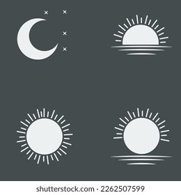 Professionally drawn illustration of the sun at sunset, sunrise and moon on a dark background