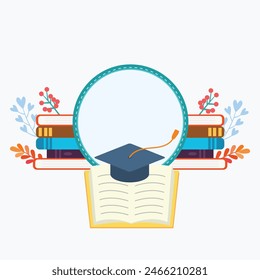 Professionally drawn illustration of university graduation card, textbooks and graduation cap on a white background