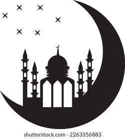 Professionally drawn Ramadan Kareem crescent moon and mosque shading illustration on a white background