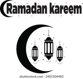 Dibujo de Ramadan Kareem con sombras dibujado profesionalmente, farolillos y estrellas pequeñas con fondo blanco
