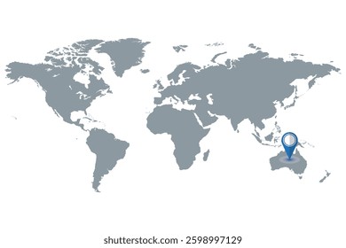 Professionally drawn world map illustration with pinpointed Australia on white