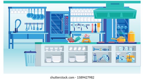 Professionally Equipped Kitchen, Rich Restaurant. Room have lot Various Equipment, under Cutting Table there Tableware for Presentations Dishes. There large Oven and Hood on Ceiling near Wall.