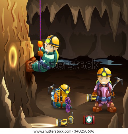 Professionally equipped  speleologists in cave with stalagmite and stalactite on the background 3d poster abstract vector illustration