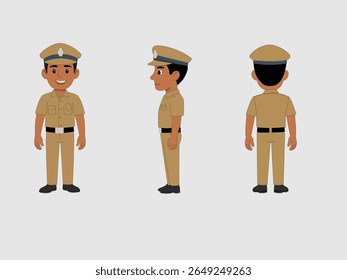  Personagem policial indiano estilo cartum 2D ilustrado profissionalmente mostrando as vistas frontal, lateral e traseira. O personagem está vestido de uniforme cáqui com um boné e distintivo, adequado para animação,