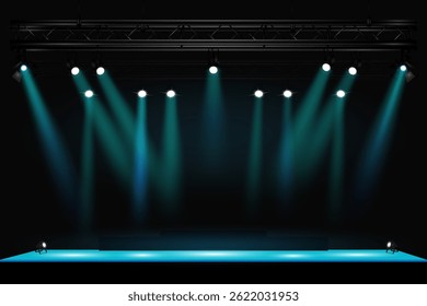 Professionally lit stage on a dark background. A truss with directional spotlights is installed on top. Suitable for visualization of concerts, theater productions, presentations. EPS10 vector