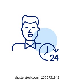 Professionally looking young man and 24 hours clock. Always on duty, 24 7 endless customer care support. Pixel perfect, editable stroke icon