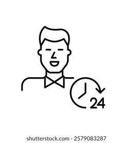 Professionally looking young man and 24 hours clock. Always on duty, 24 7 endless customer care support. Pixel perfect vector icon