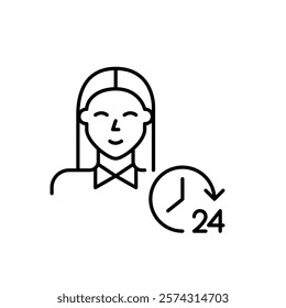 Professionally looking young woman and 24 hours clock. Always on duty, 24 7 endless customer care support. Pixel perfect vector icon