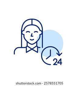 Professionally looking young woman and 24 hours clock. Always on duty, 24 7 endless customer care support. Pixel perfect, editable stroke icon