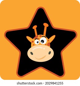 Professionally styled giraffe head in a star frame on an orange background