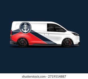 Una furgoneta envuelta profesionalmente cuenta con un llamativo diseño náutico con acentos rojos y azules.