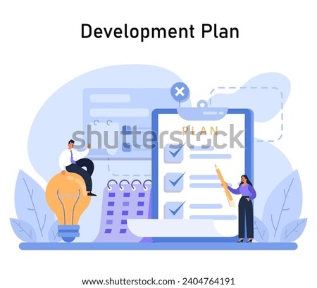 Professionals analyze a detailed development plan, showcasing a clipboard with checkmarks and an inspired lightbulb moment. Engaging teamwork in strategy design. Flat vector.