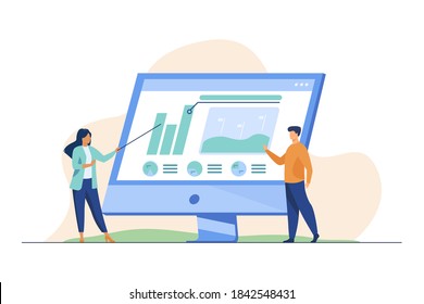 Professionals analyzing charts on computer monitor. Colleagues presenting diagram flat vector illustration. Business, marketing, analysis concept for banner, website design or landing web page