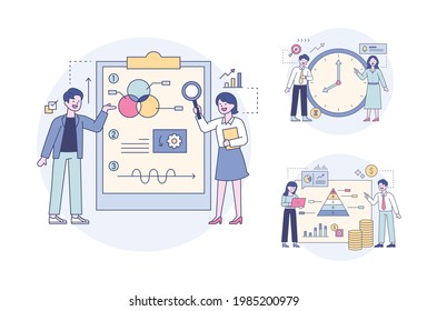 Professionals analyzing data by looking at chart portfolios and clock and pyramid graphs. Outline flat design style minimal vector illustration set.