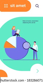 Professionals analyzing diagram. Two people with survey form and magnifier, pie chart flat vector illustration. Analysis, marketing report concept for banner, website design or landing web page