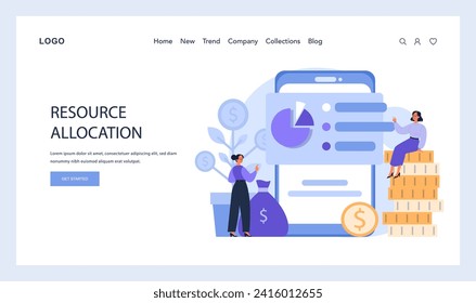 Professionals analyzing financial graphs, amidst money trees and stacked coins, emphasizing efficient resource allocation. Strategic investment insights. Flat vector.