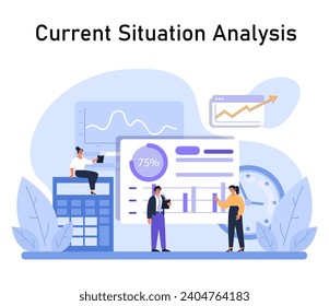 Professionals assessing company's current status with charts and figures, evaluating growth trajectory and efficiency rate. Real-time business evaluation. Flat vector.