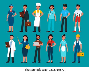 Professionals. Builder and policeman, stewardess and teacher, programmer and businessman, chef and doctor, photographer, football player nurse and housekeeper people in uniform vector flat cartoon set