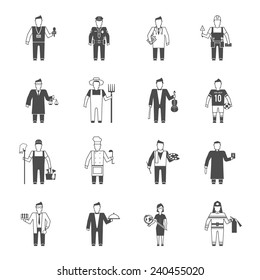 Professionals cartoon characters black icons set of reporter bishop teacher worker lawyer musician abstract isolated vector illustration