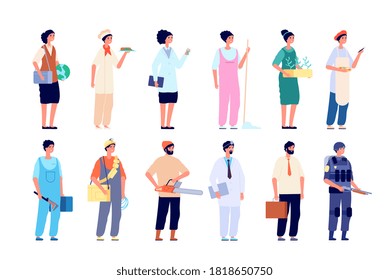 Professionals characters. Different employees, group of workers. Isolated people wear uniform, social worker healthcare manager vector set