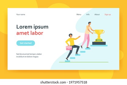 Professionals competing for leadership. Competitors climbing upstairs to prize cup. Flat vector illustration. Reward, business competition, rival concept for banner, website design or landing web page